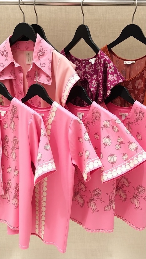 Stylish pink blouses with onion prints hanging on display.